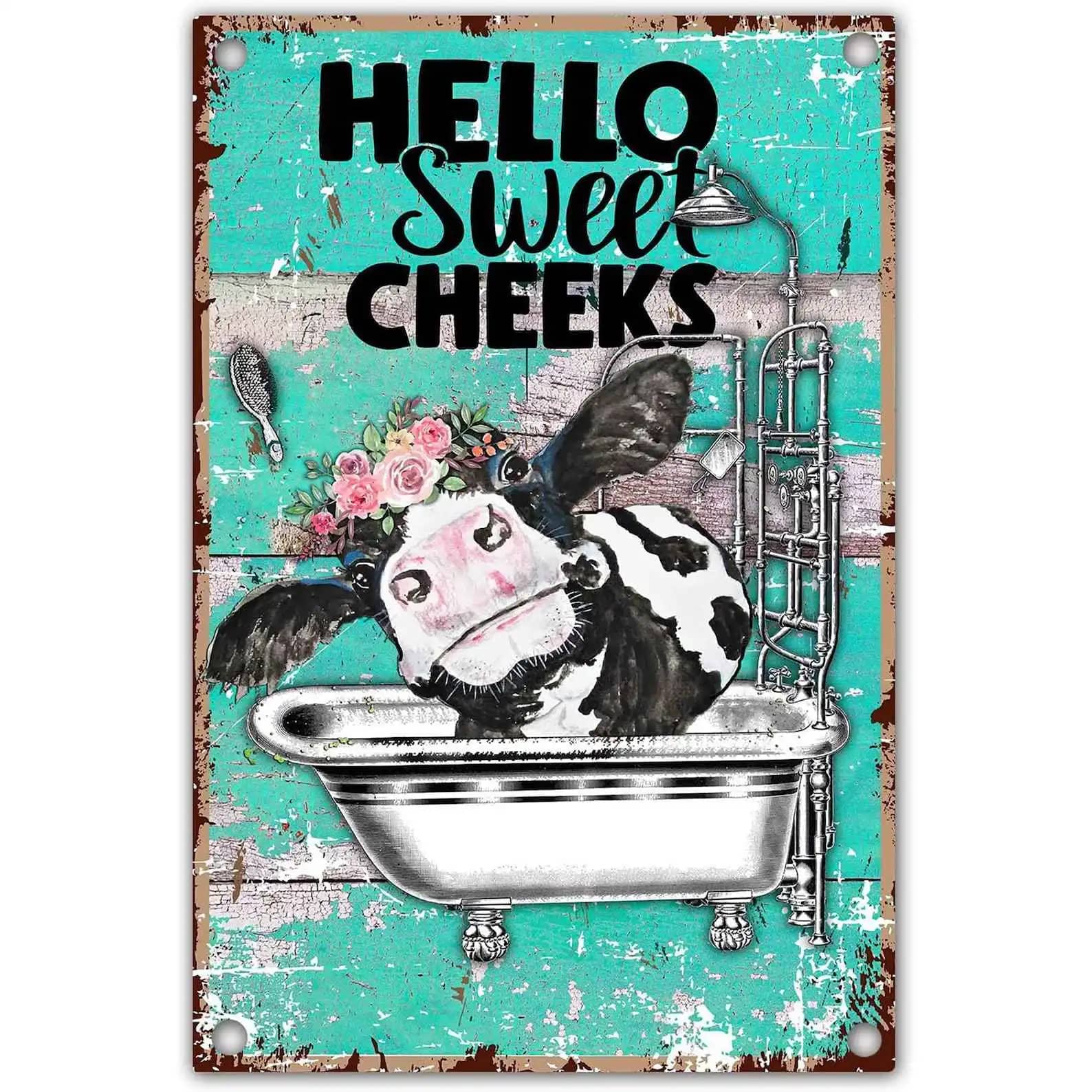 Hello Sweet Cheeks Cow Funny Bathroom Decor Metal Sign
