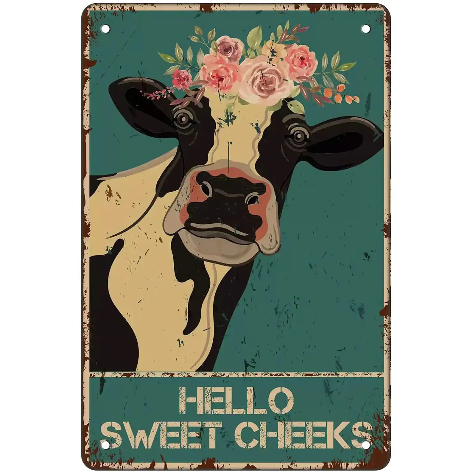 Hello Sweet Cheeks Cow With Flowers On Head Custom Metal Sign