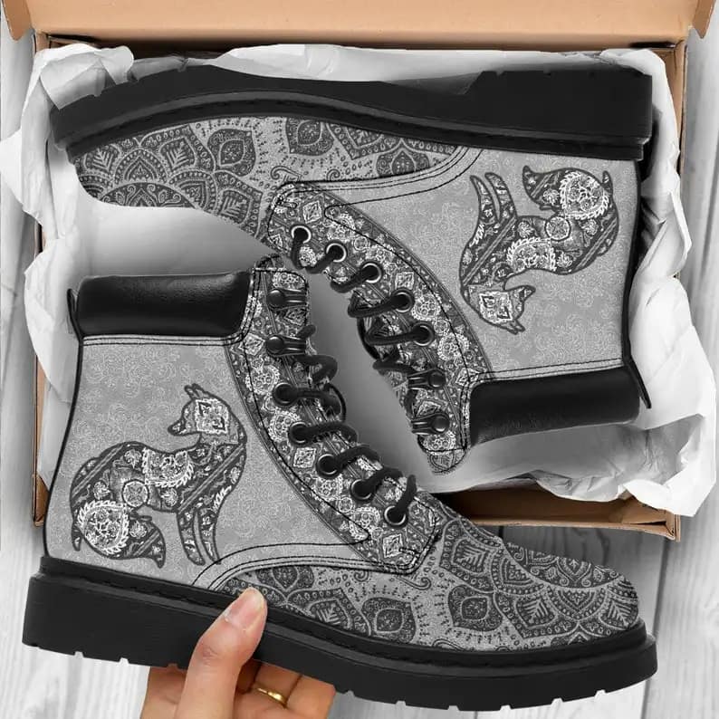 Hiking Boots Fox Mandala Grey Style Gift For Nature Lovers All Season Boot