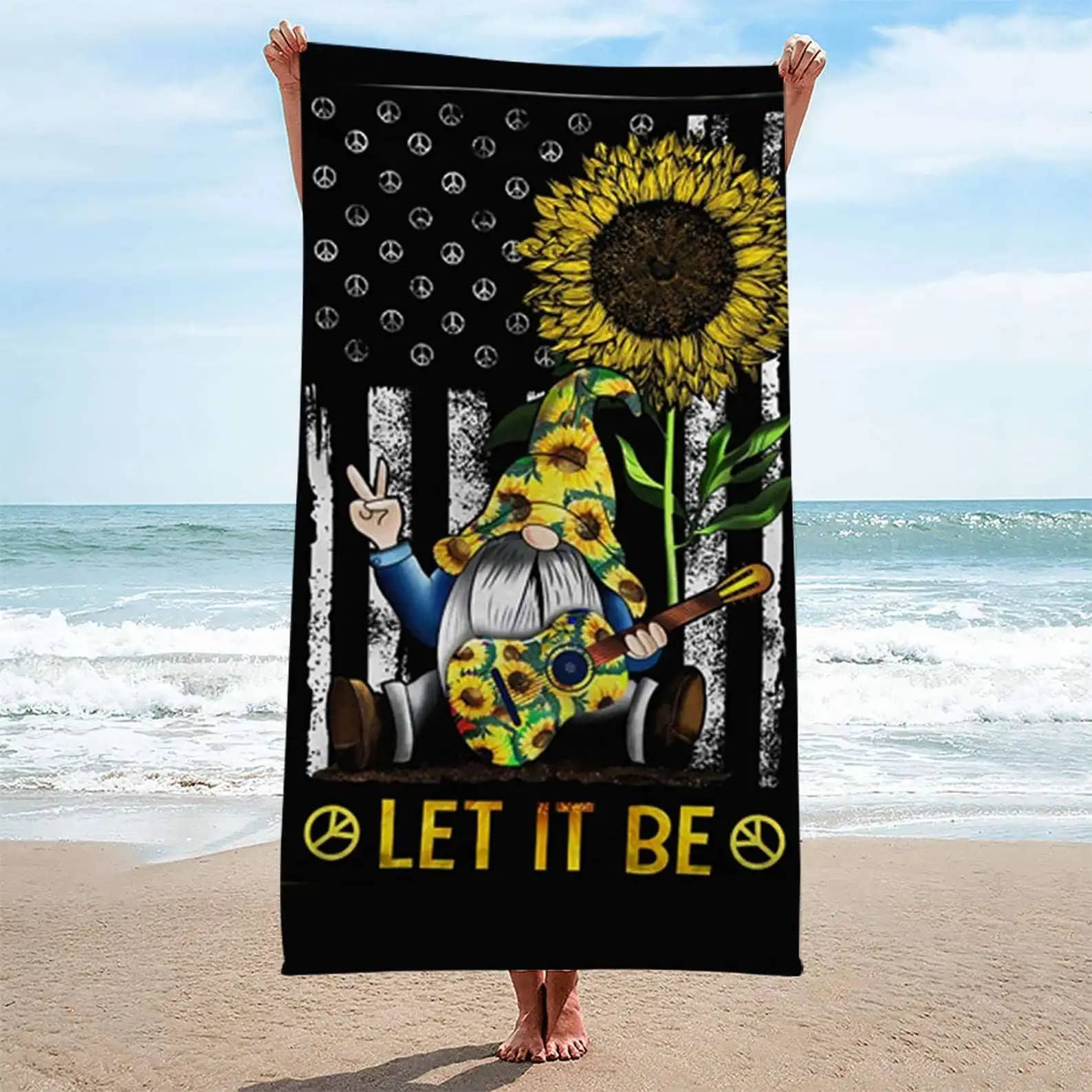 Hippie Gnome Sunflower Beach Towel