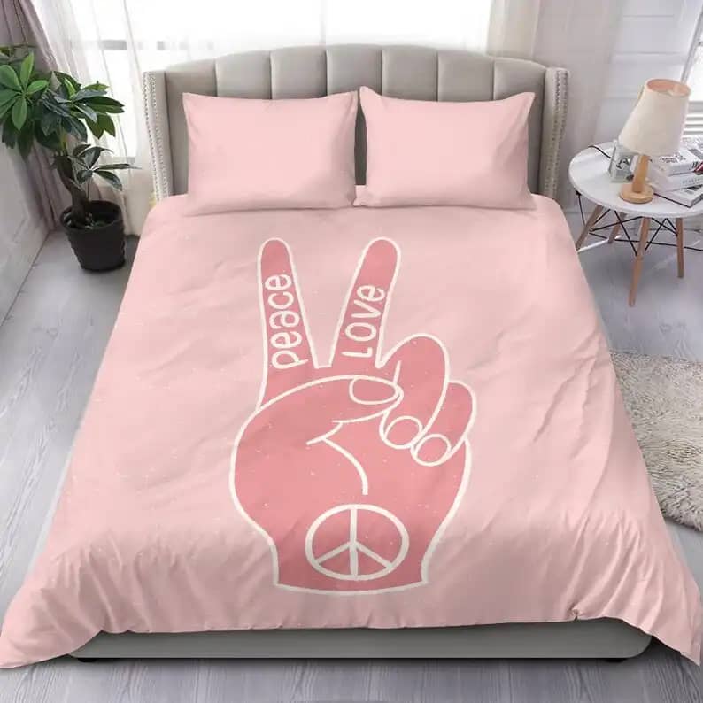 Hippie Old School Pink Bedding  Peace Sign 70'S Style Bedroom Decor Quilt Bedding Sets