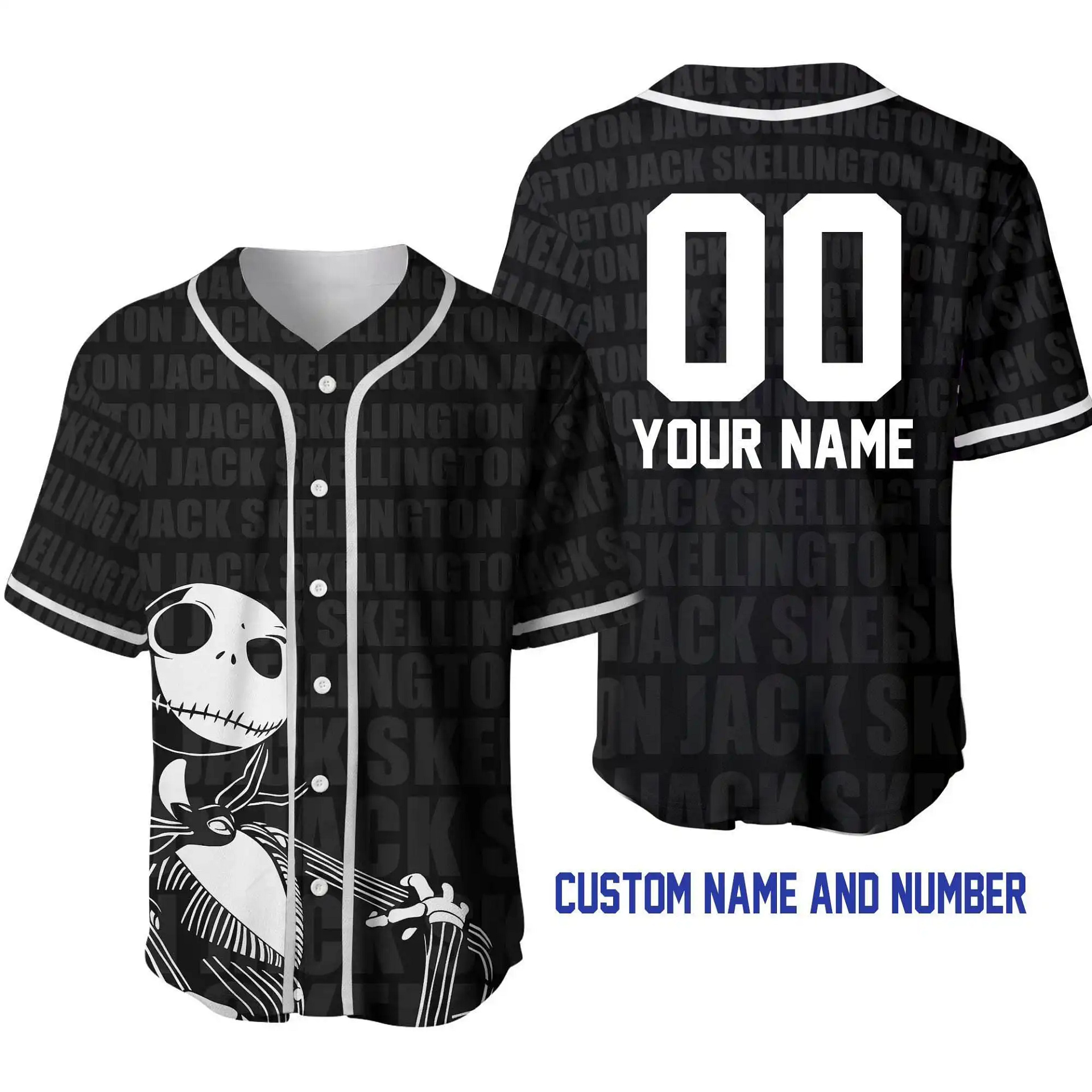 Jack Skellington Black White Disney Unisex Cartoon Graphic Casual Outfits Custom Personalized Men Women Baseball Jersey
