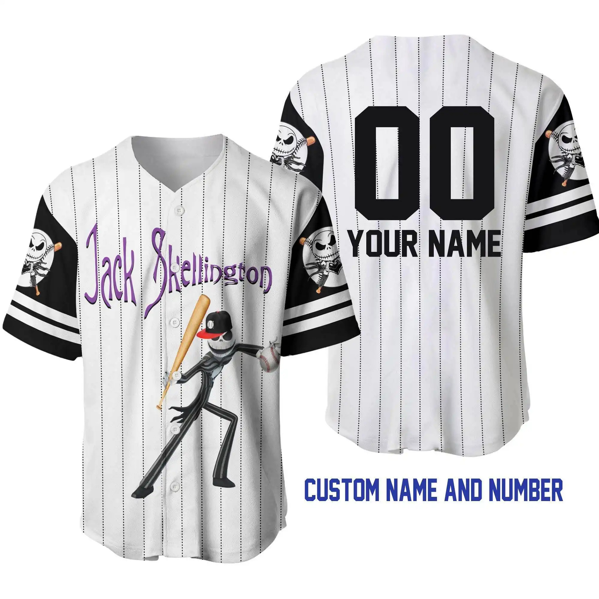 Jack Skellington White Black Disney Unisex Cartoon Graphic Casual Outfits Custom Personalized Men Women Baseball Jersey