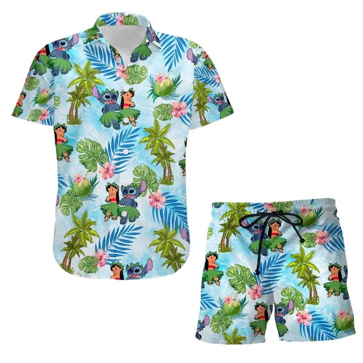 Lilo &Amp; Stitch Palm Tree Disney Summer Tropical Print Vacation Shorts Set Unisex Cartoon Graphic Outfits Men Women Hawaiian Shirts