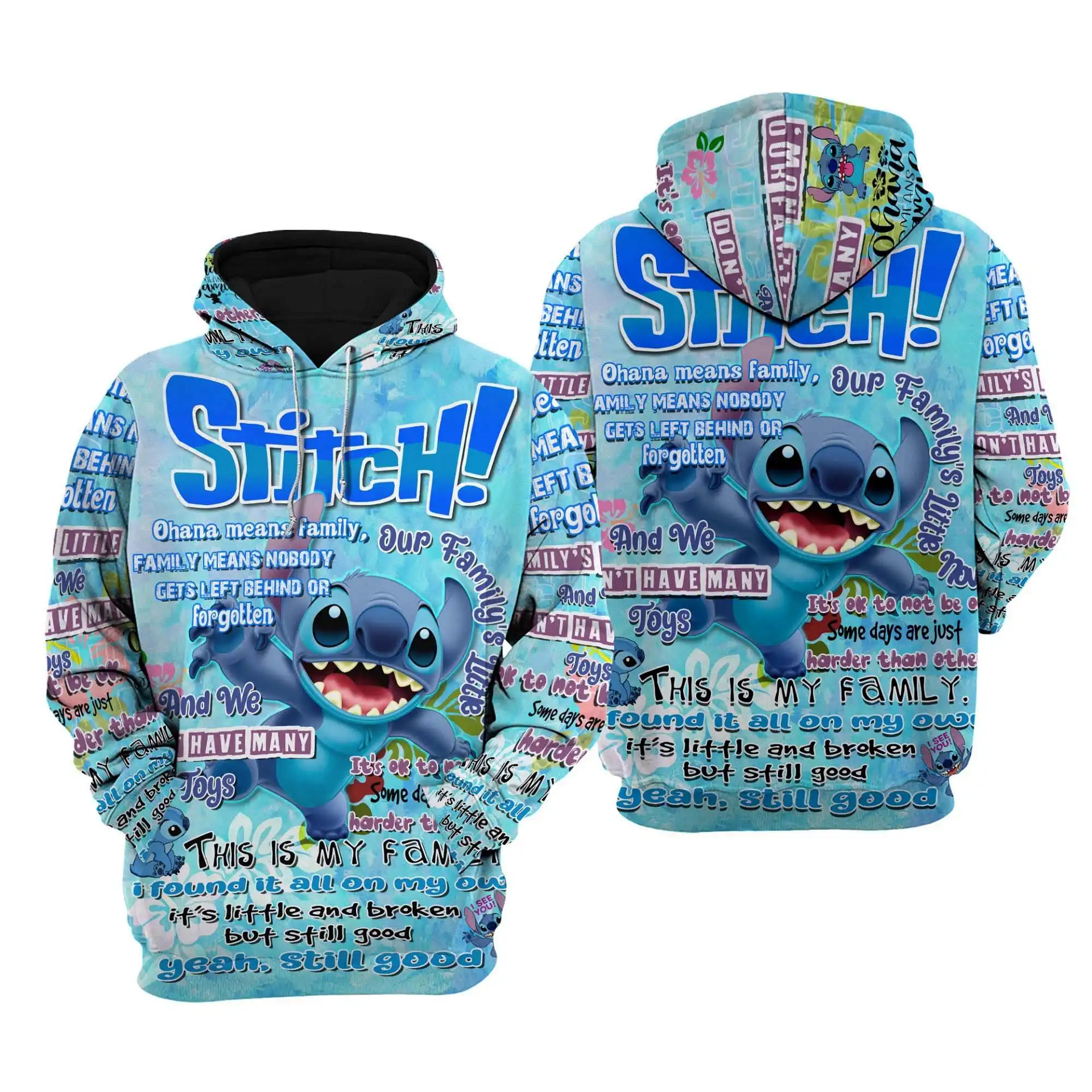 Lilo Stitch Punk Words Pattern Disney Quotes Cartoon Graphic Outfits Clothing Men Women Kids Toddlers Hoodie 3D