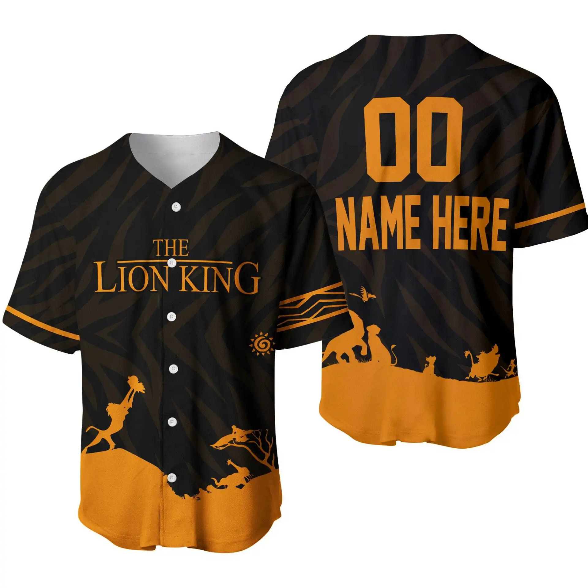 Lion King Iconic Scene Black Orange Disney Unisex Cartoon Graphic Casual Outfits Custom Personalized Men Women Baseball Jersey