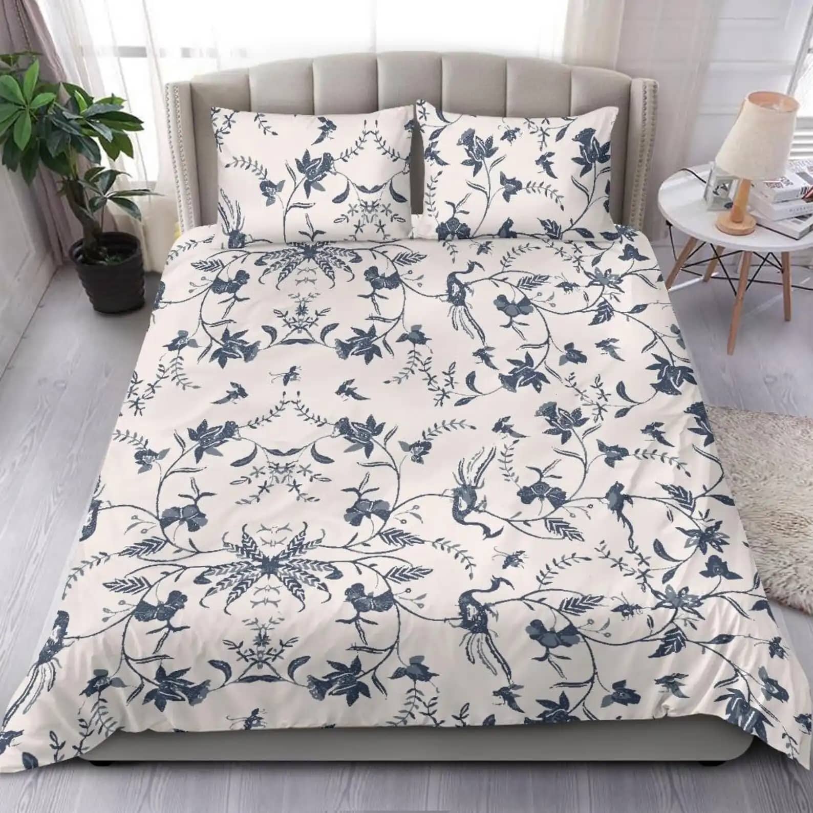 Lovely Blue Victorian Flowery Vines Bed Set Cover On White Background Quilt Bedding Sets