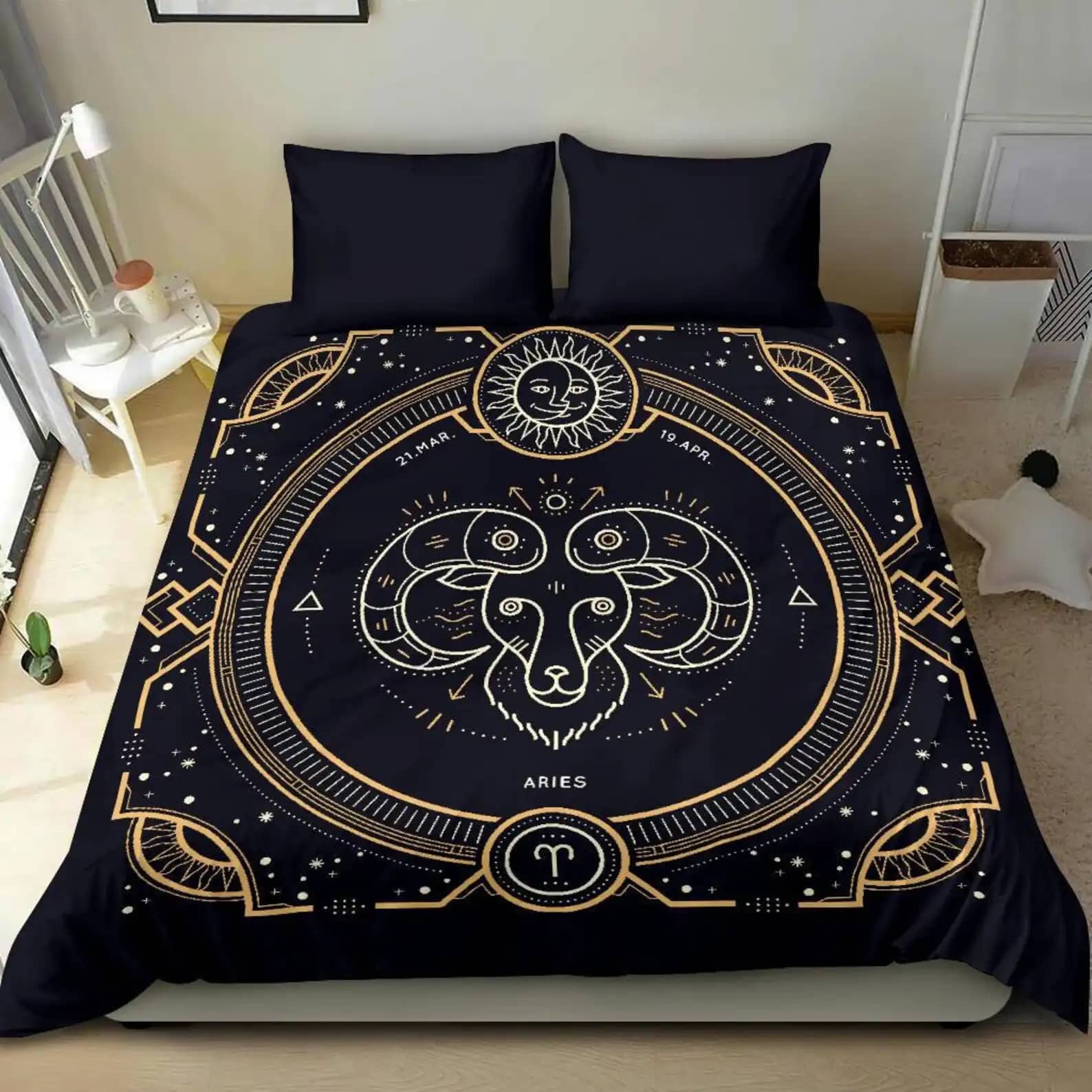 Luxurious Astrological Aries Symbol Gold Zodiac Sign Quilt Bedding Sets