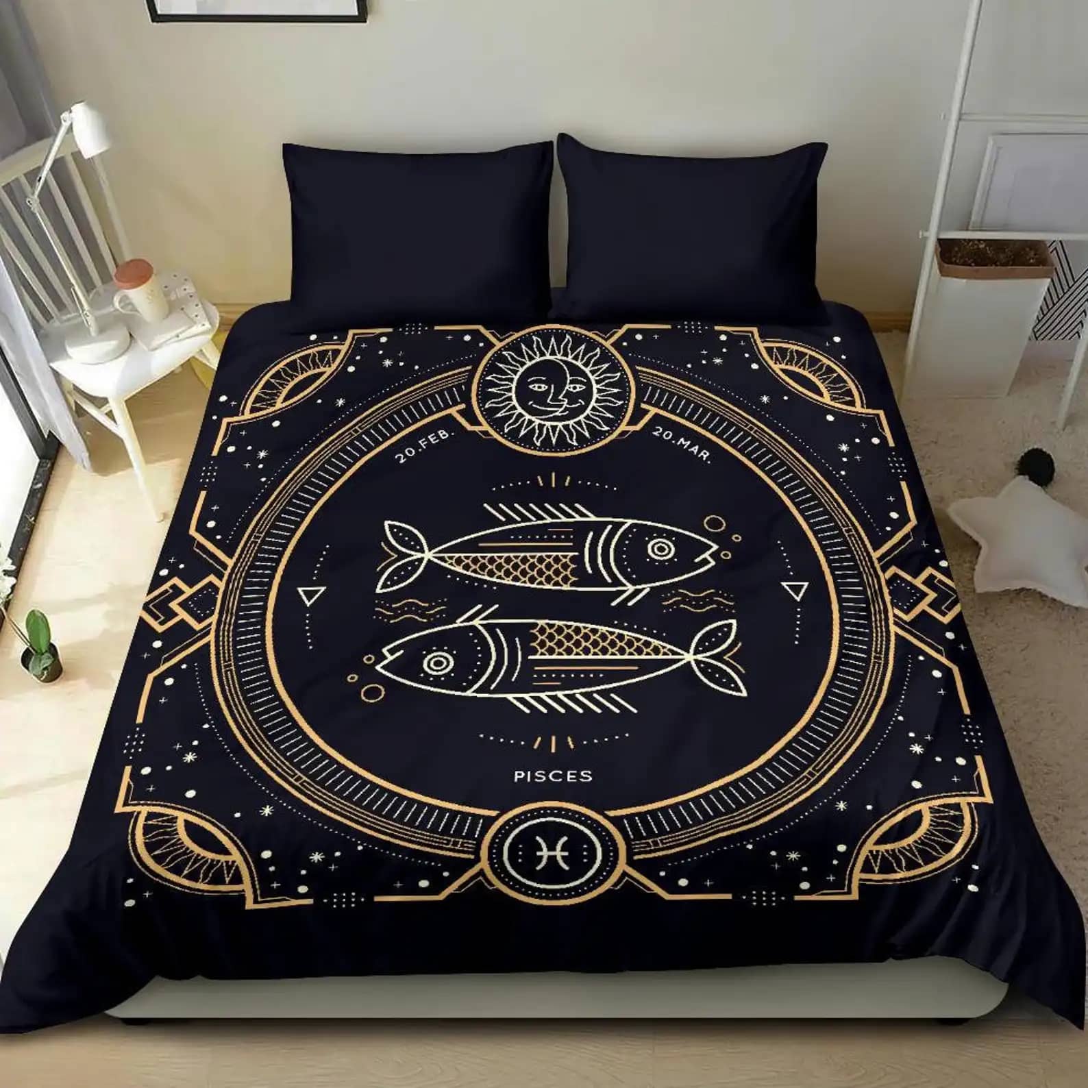 Luxurious Astrological Pisces Symbol Gold Zodiac Sign Quilt Bedding Sets