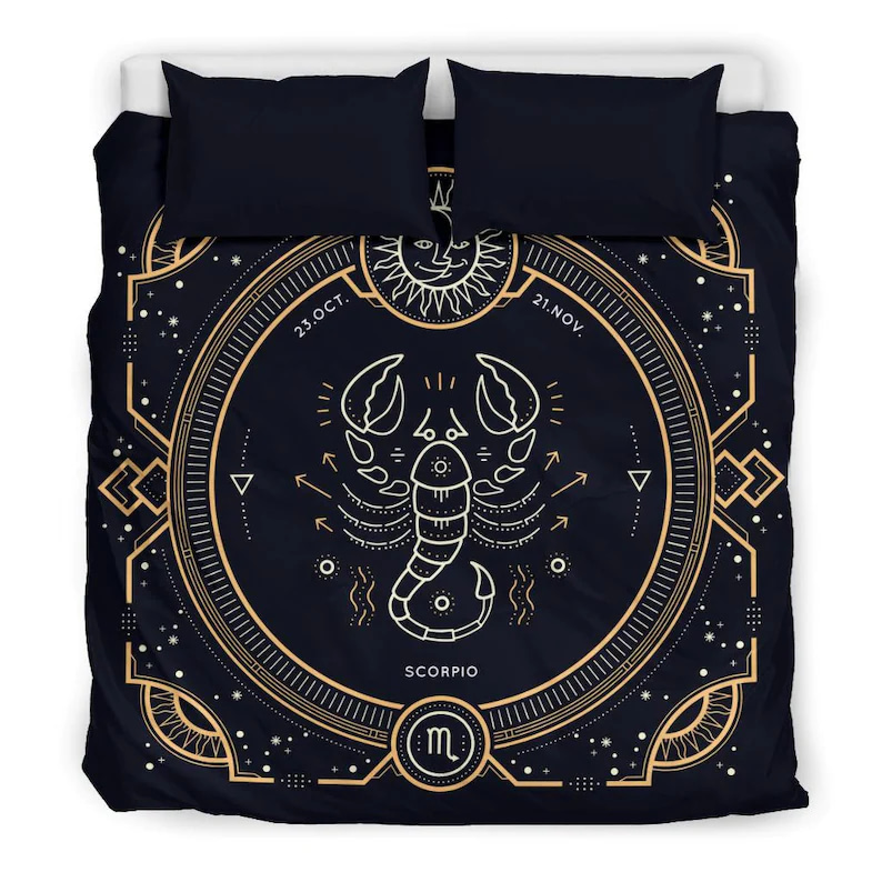 Inktee Store - Luxurious Astrological Scorpio Symbol Gold Zodiac Sign Quilt Bedding Sets Image