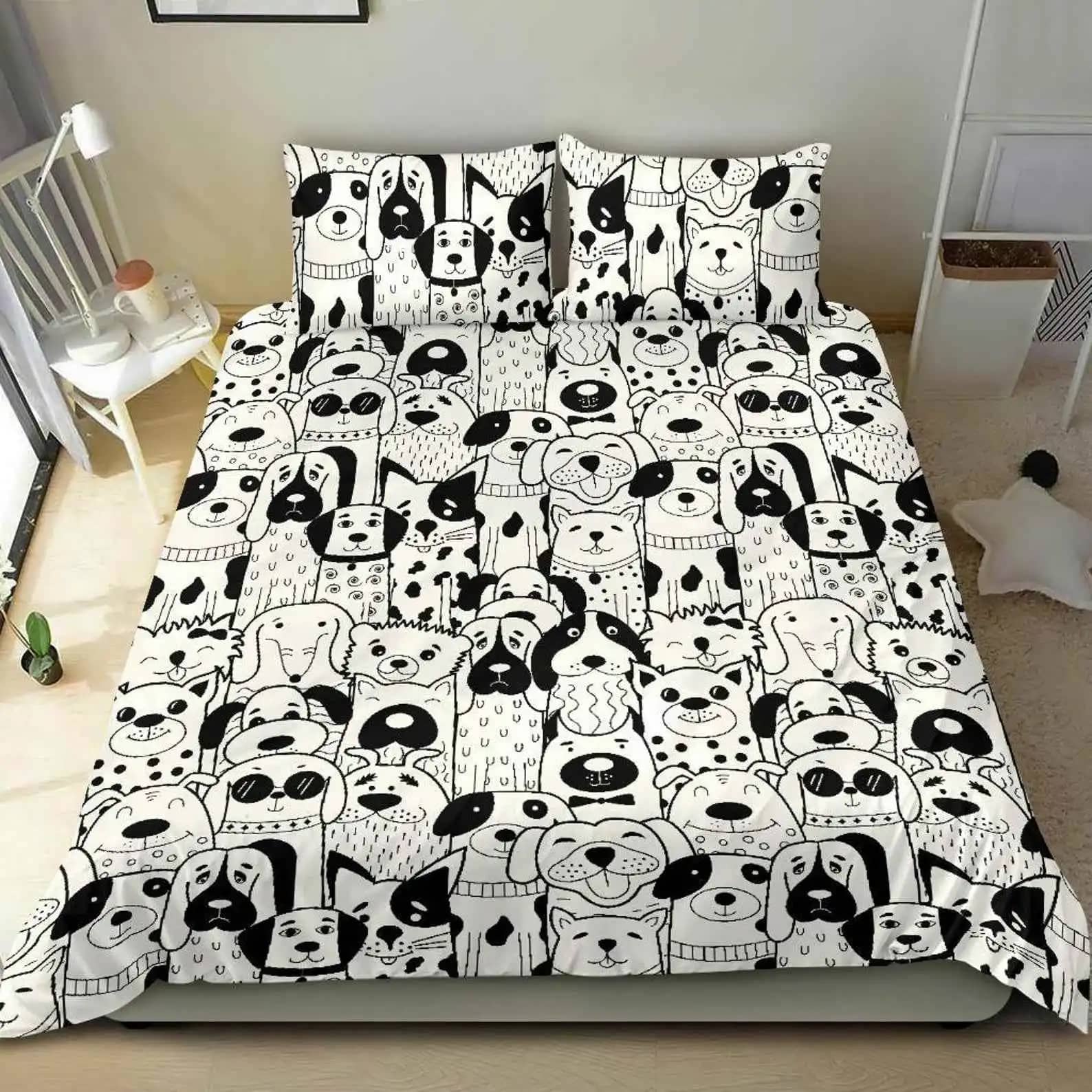 Luxurious Black And White Dog Gang Quilt Bedding Sets