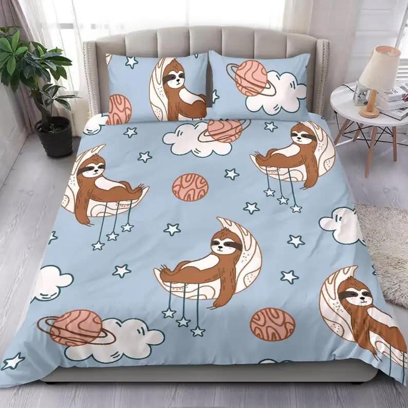 Luxurious Cute Sleeping Sloth On The Moon Quilt Bedding Sets