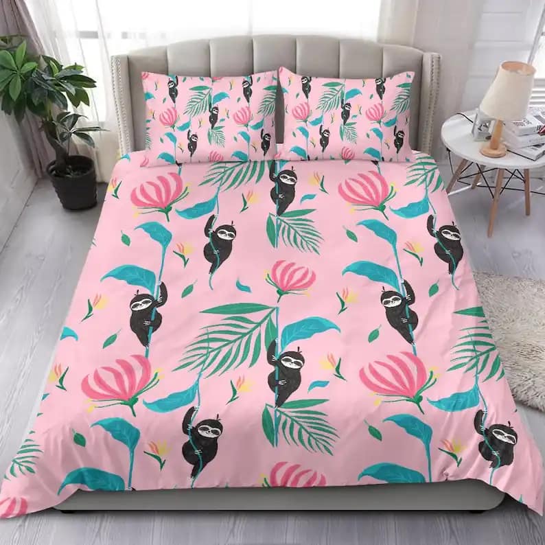Luxurious Cute Sloth In Pink Tropic Quilt Bedding Sets