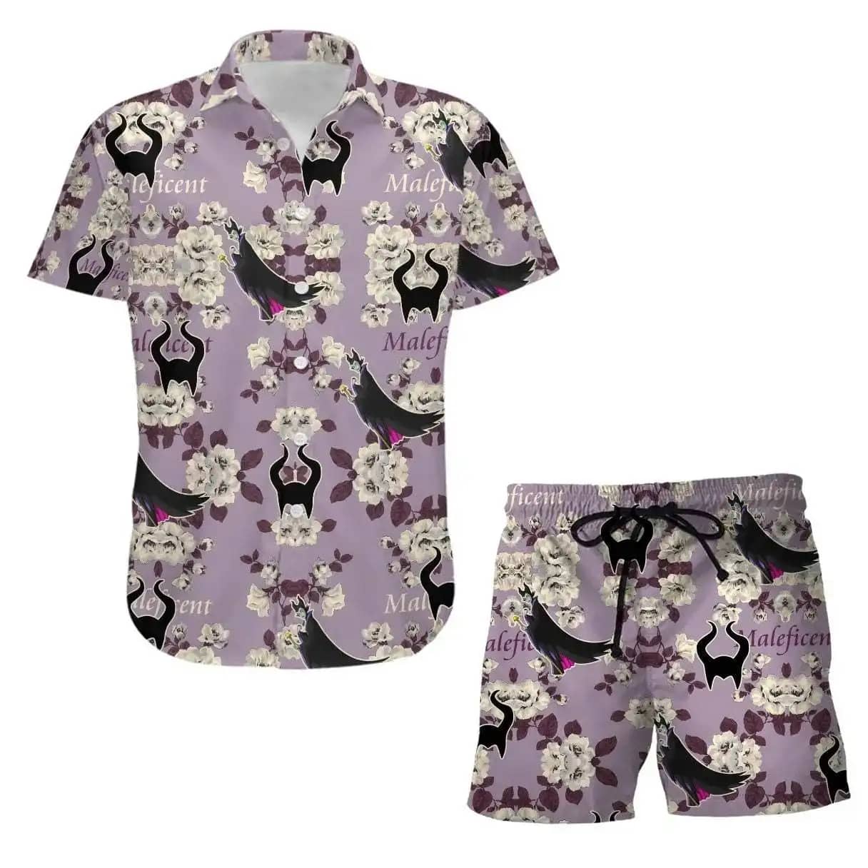 Maleficent Floral Disney Summer Tropical Print Vacation Shorts Set Unisex Cartoon Graphic Outfits Men Women Hawaiian Shirts