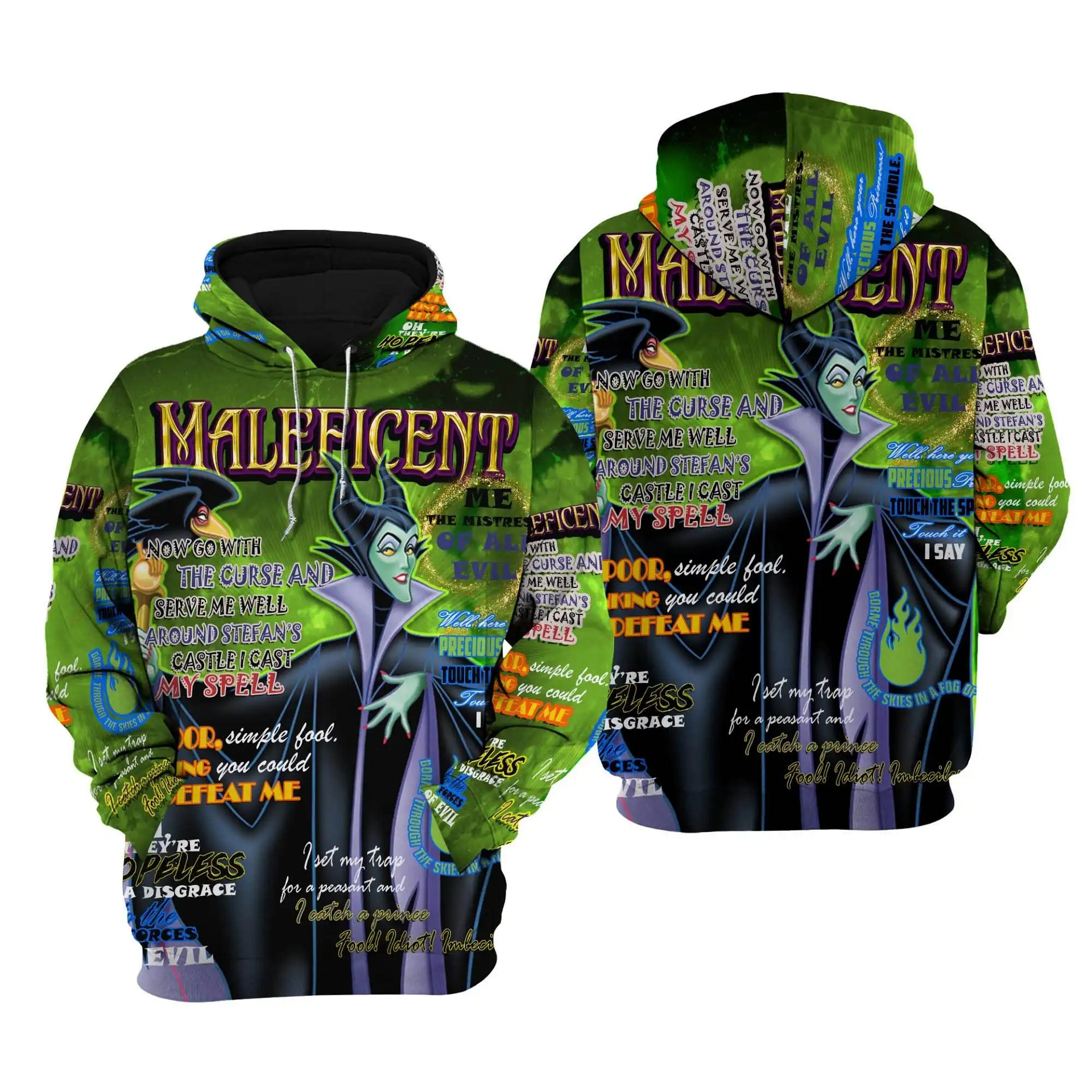 Maleficent Punk Words Pattern Disney Quotes Cartoon Graphic Outfits Clothing Men Women Kids Toddlers Hoodie 3D
