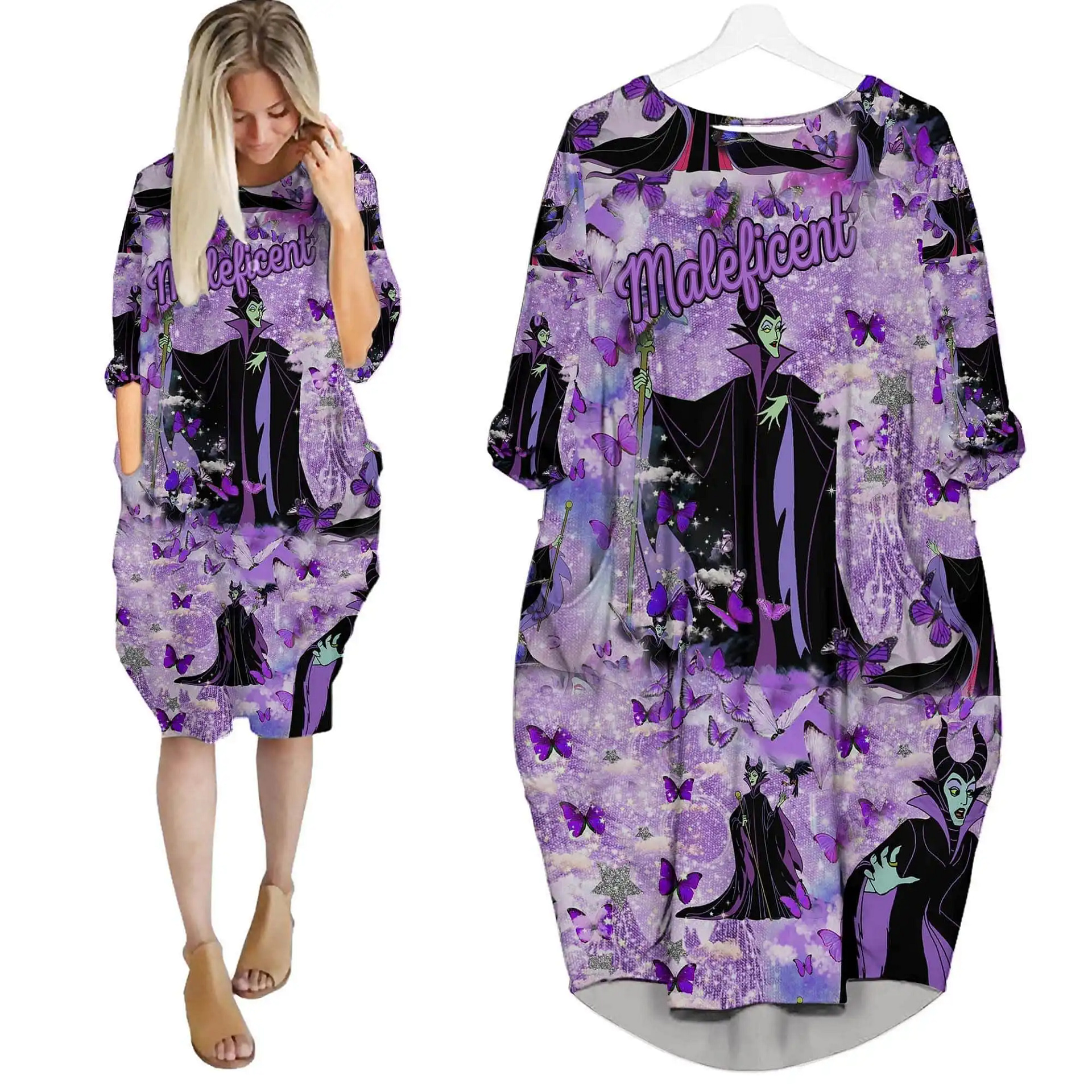 Maleficent Purple Butterfly Glitter Cute Disney Cartoon Summer Vacation Outfits Women Girls Batwing Pocket Dress