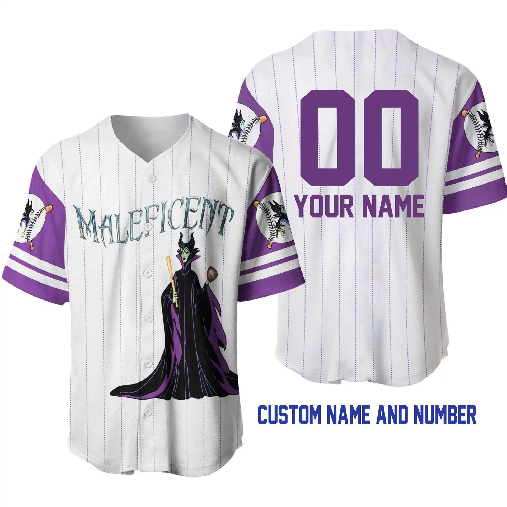Maleficent White Purple Lavender Disney Unisex Cartoon Graphic Casual Outfits Custom Personalized Men Women Baseball Jersey