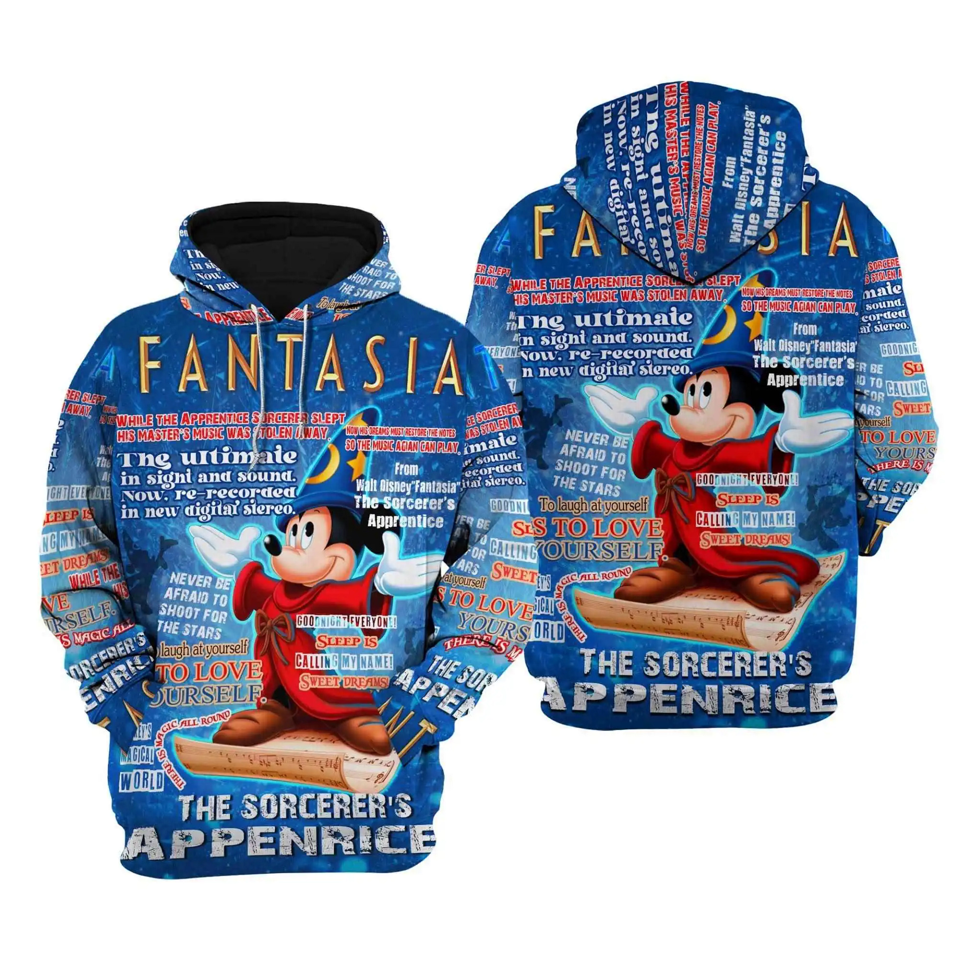 Mickey Fantasia Words Pattern Disney Quotes Cartoon Graphic Outfits Clothing Men Women Kids Toddlers Hoodie 3D