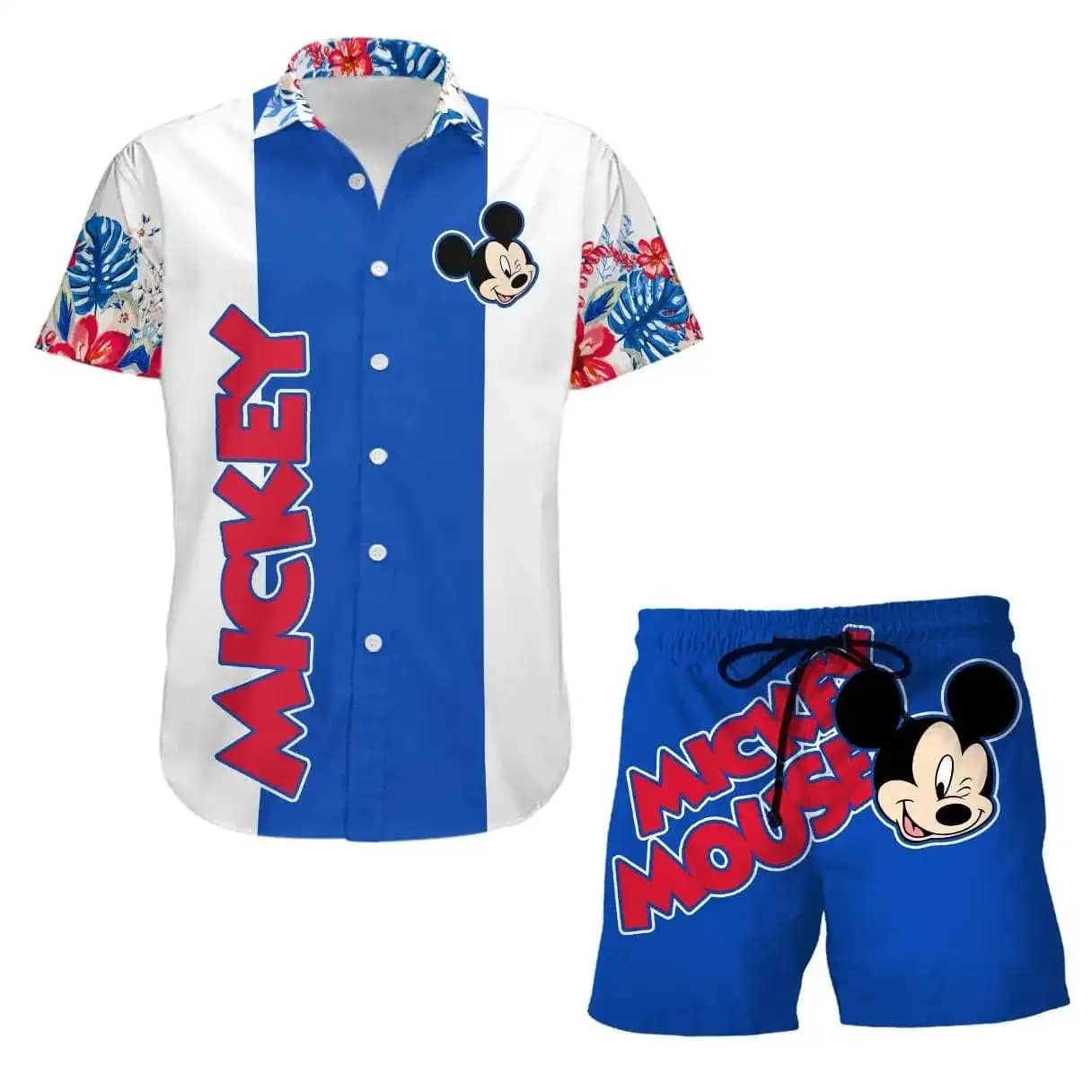 Mickey Floral Stripe Disney Summer Tropical Print Vacation Shorts Set Unisex Cartoon Graphic Outfits Men Women Hawaiian Shirts