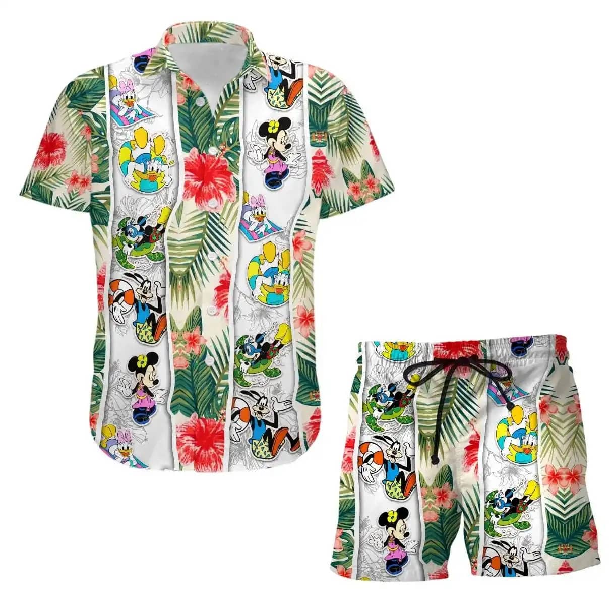 Mickey &Amp; Friends Floral Disney Summer Tropical Print Vacation Shorts Set Unisex Cartoon Graphic Outfits Men Women Hawaiian Shirts
