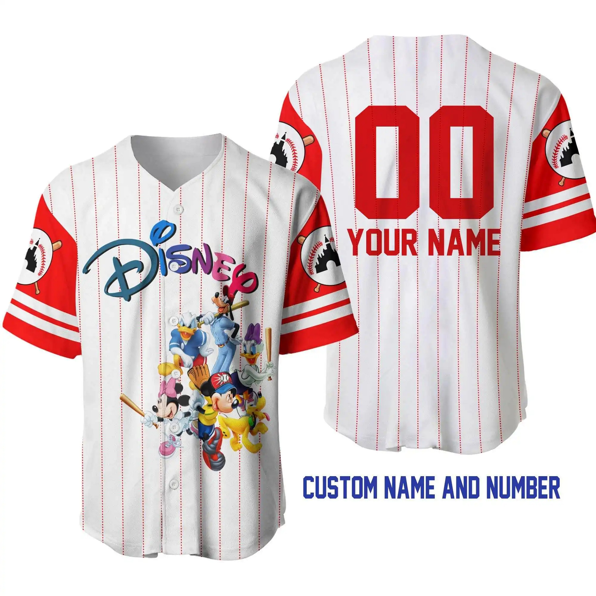 Mickey & Friends White Red Disney Unisex Cartoon Graphic Casual Outfits Custom Personalized Men Women Baseball Jersey