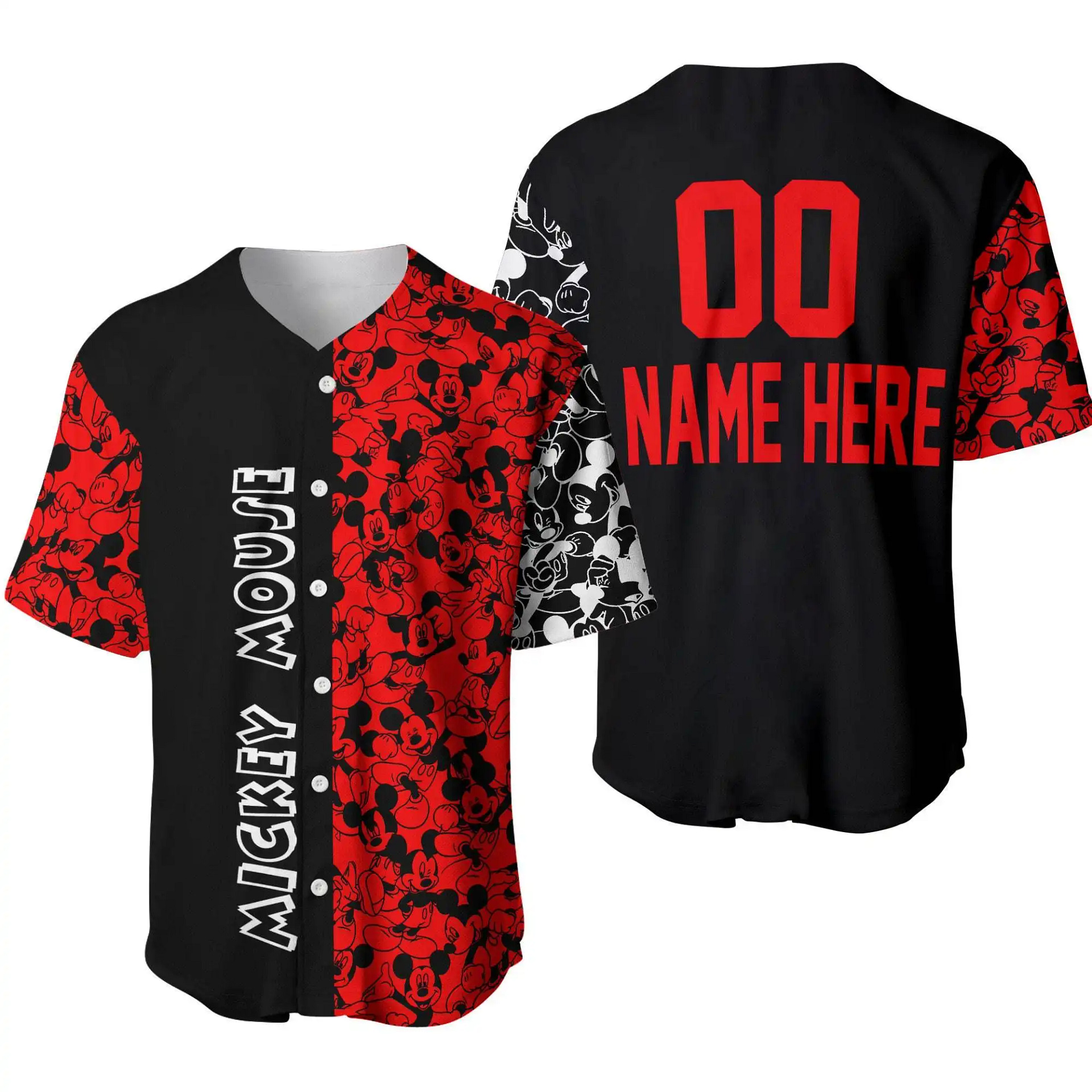 Mickey Mouse Pattern Red Black Disney Unisex Cartoon Graphic Casual Outfits Custom Personalized Men Women Baseball Jersey