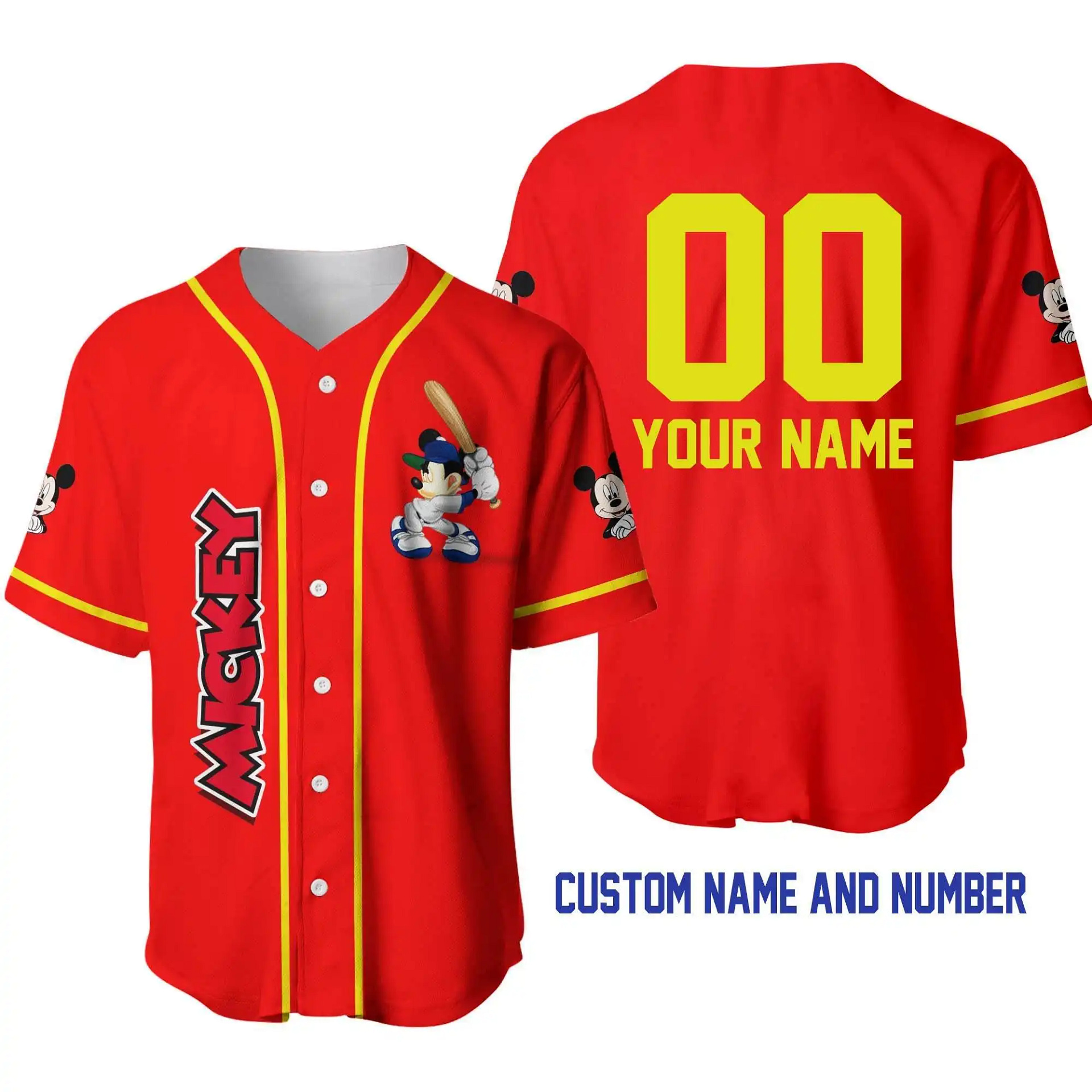 Mickey Mouse Red Yellow Disney Unisex Cartoon Graphic Casual Outfits Custom Personalized Men Women Baseball Jersey