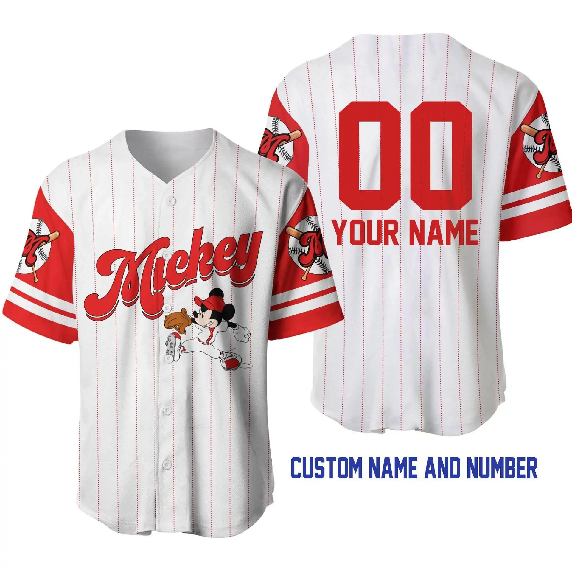 Mickey Mouse White Red Disney Unisex Cartoon Graphic Casual Outfits Custom Personalized Men Women Baseball Jersey