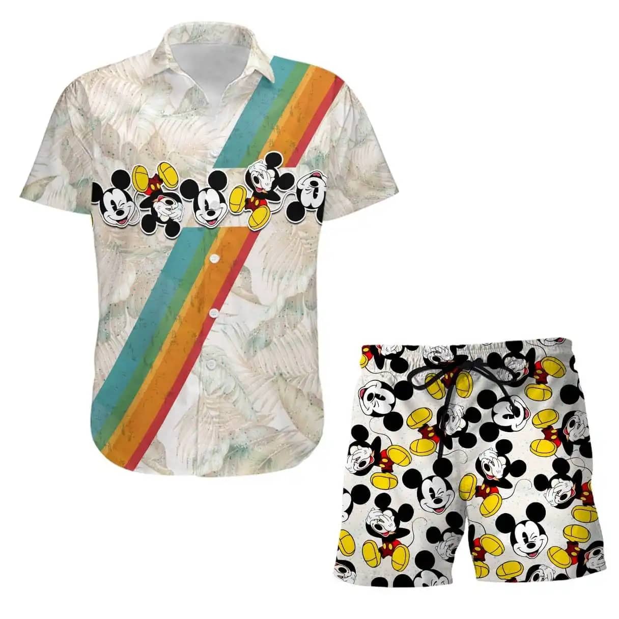 Mickey Rainbow Stripe Disney Summer Tropical Print Vacation Shorts Set Unisex Cartoon Graphic Outfits Men Women Hawaiian shirts
