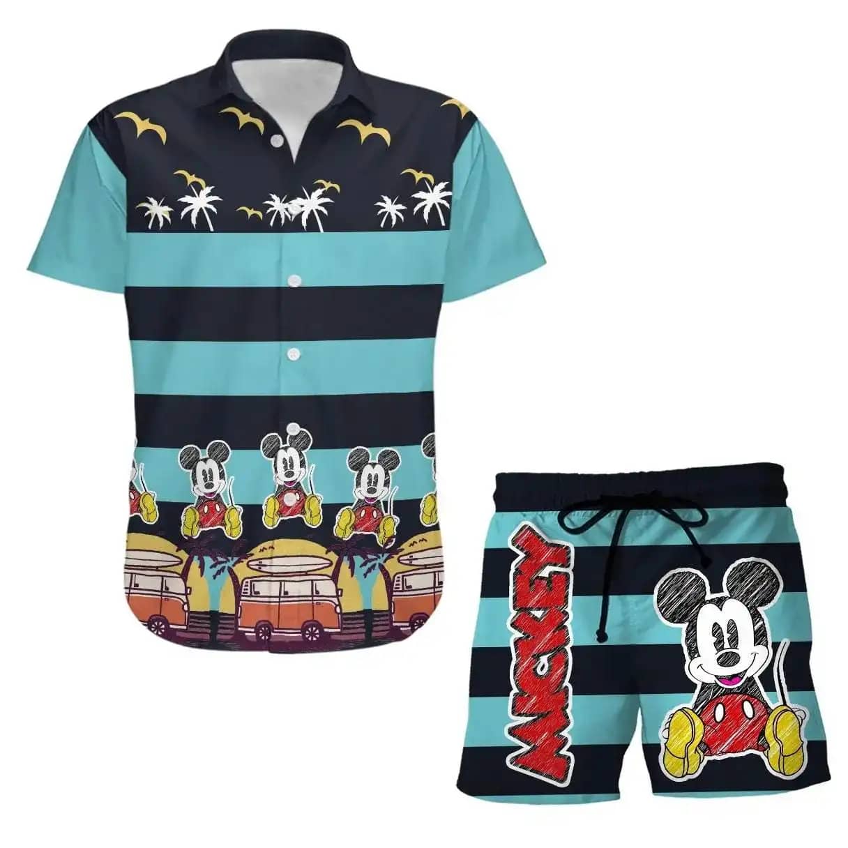 Mickey Sketch Stripe Disney Summer Tropical Print Vacation Shorts Set Unisex Cartoon Graphic Outfits Men Women Hawaiian Shirts