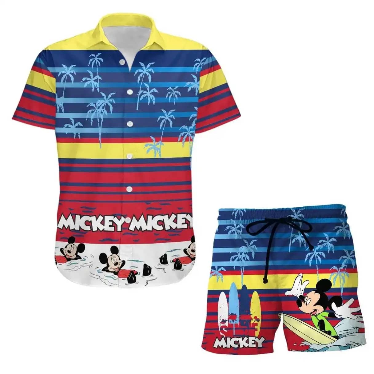 Mickey Surf Swimming Disney Summer Tropical Print Vacation Shorts Set Unisex Cartoon Graphic Outfits Men Women Hawaiian Shirts