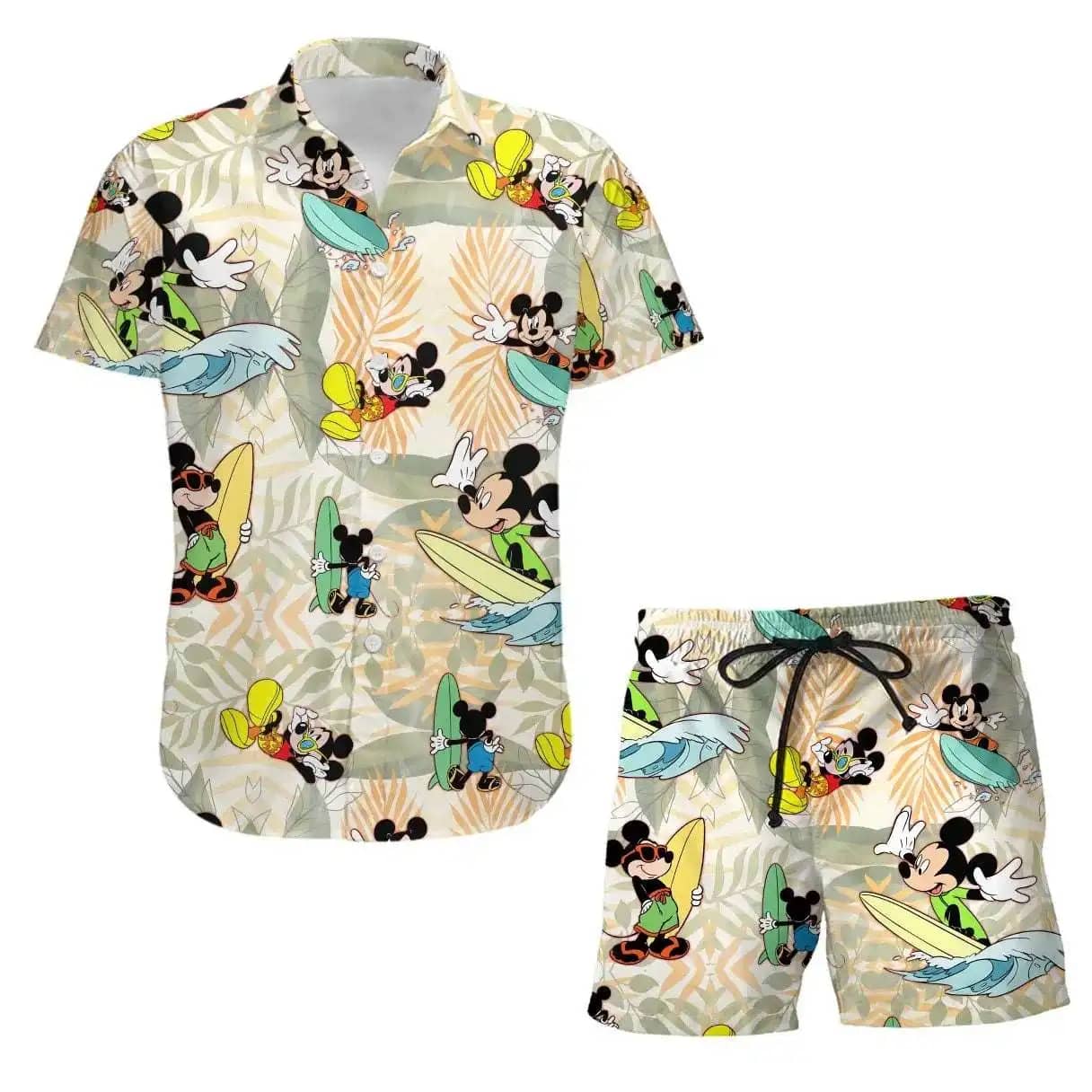 Mickey Surfing Waves Disney Summer Tropical Print Vacation Shorts Set Unisex Cartoon Graphic Outfits Men Women Hawaiian Shirts