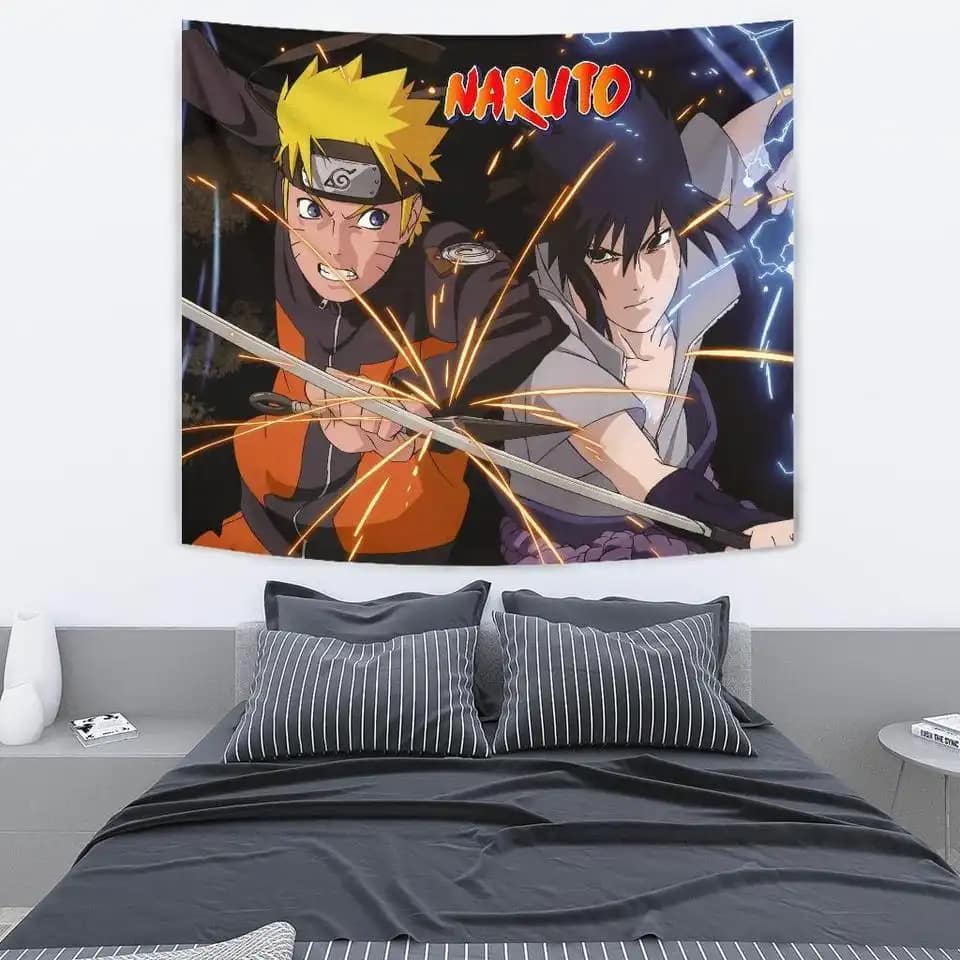Naruto With Sasuke Anime Fan Gift Wall Decor Tapestry