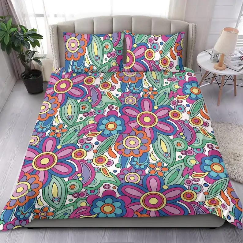 Peace And Love Hippie Flower Field Colorful Flower Drawing Quilt Bedding Sets