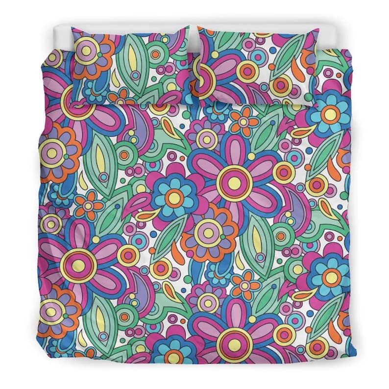Inktee Store - Peace And Love Hippie Flower Field Colorful Flower Drawing Quilt Bedding Sets Image