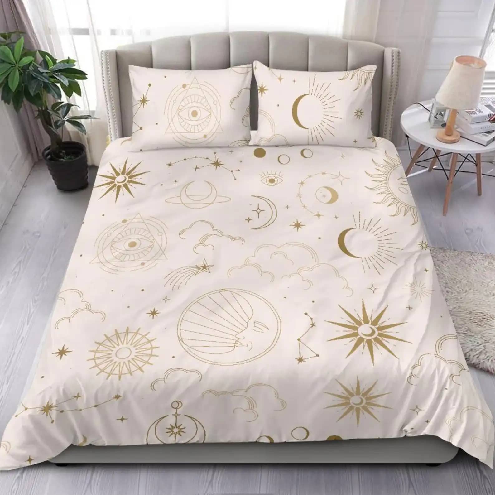 Perfect Bedding Set For Magical Nights Gold Sky Clouds And Constellation On A White Background Quilt Bedding Sets