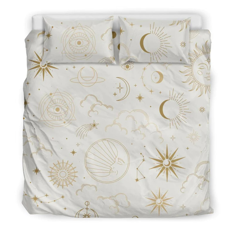 Inktee Store - Perfect Bedding Set For Magical Nights Gold Sky Clouds And Constellation On A White Background Quilt Bedding Sets Image