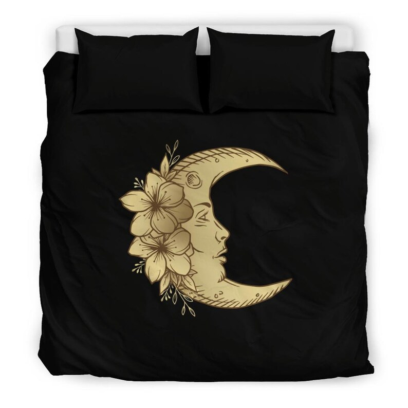 Inktee Store - Perfect Yellow Moon With Side Face And Flowers Artistic Black Astral Sky Quilt Bedding Sets Image