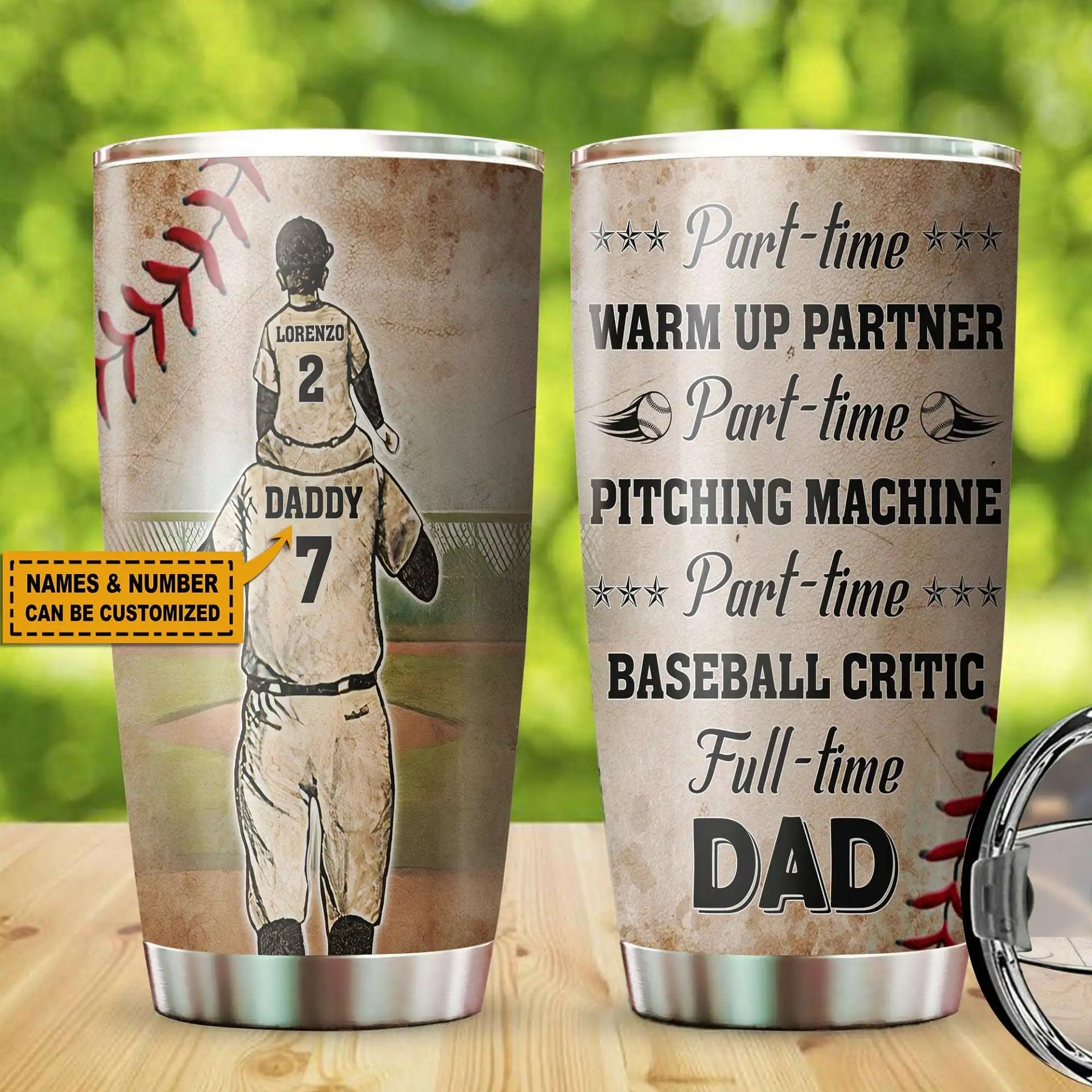Personalized Baseball Dad And Son Full Time Customized Custom Name Gift Stainless Steel Tumbler