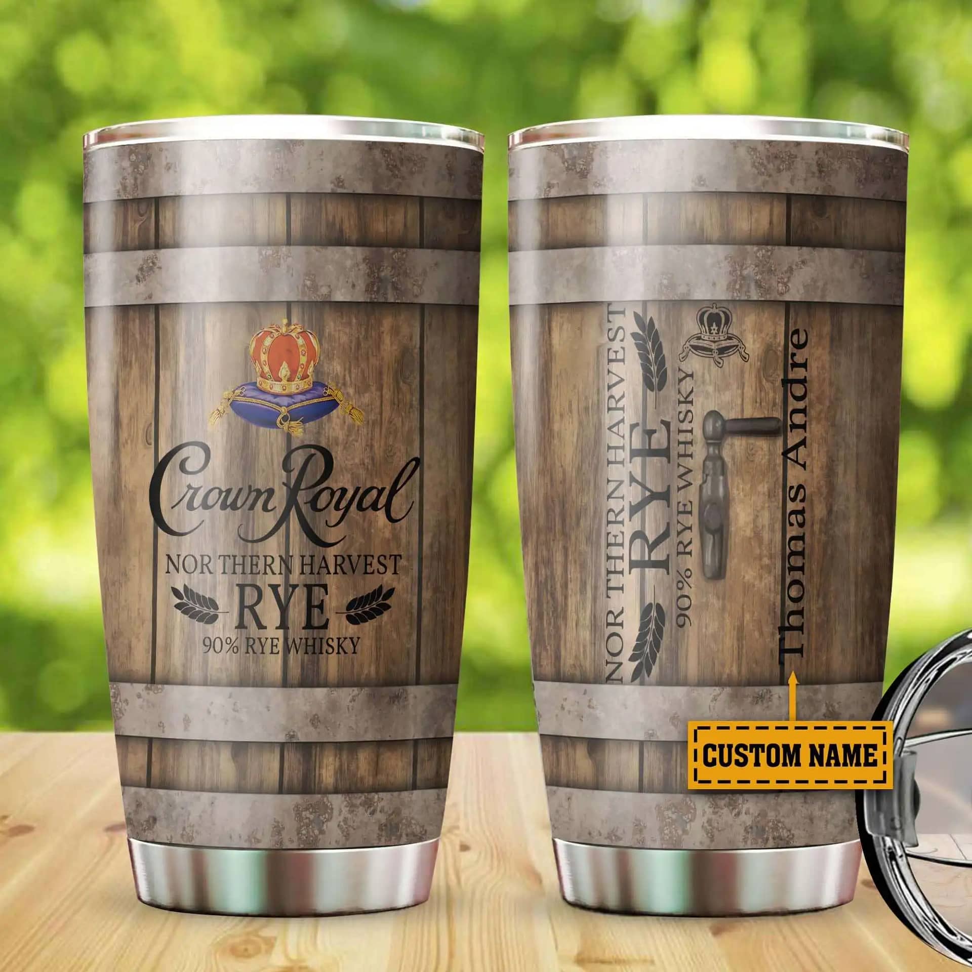 Personalized Crown-Royal Whiskey Wine Wooden Barrel Custom Name Stainless Steel Tumbler