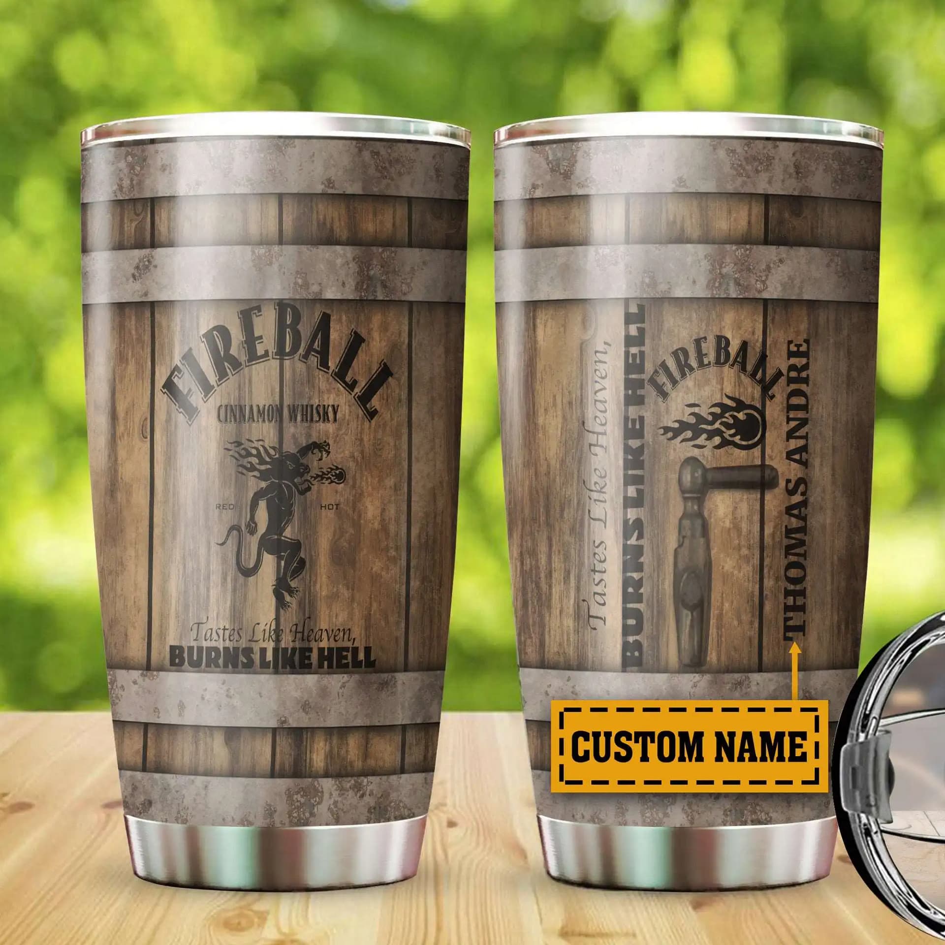Personalized Fireball Cinnamon Whisky Wine Wooden Barrel Customize Stainless Steel Tumbler