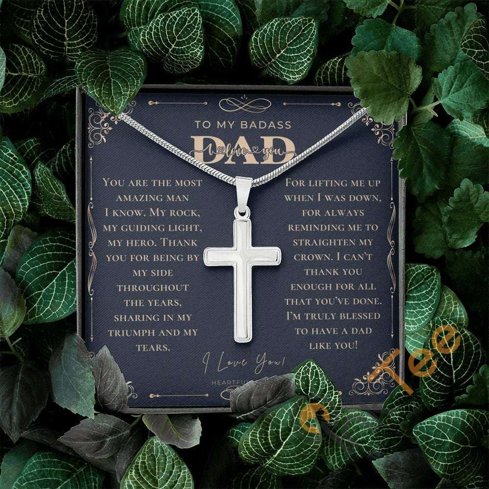 Personalized Gift For Dad On Father's Day Badass From Daughter & Son Cross Necklace Personalized Gifts