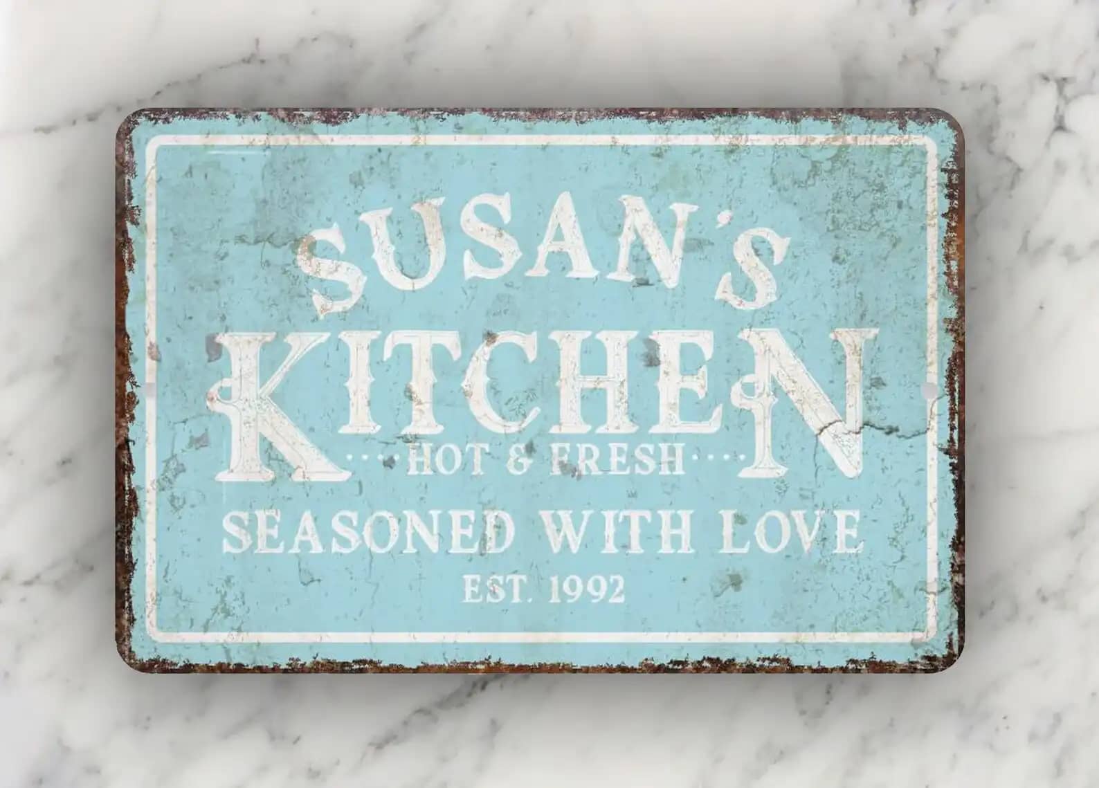 Personalized Vintage Kitchen Seasoned With Love Metal Sign