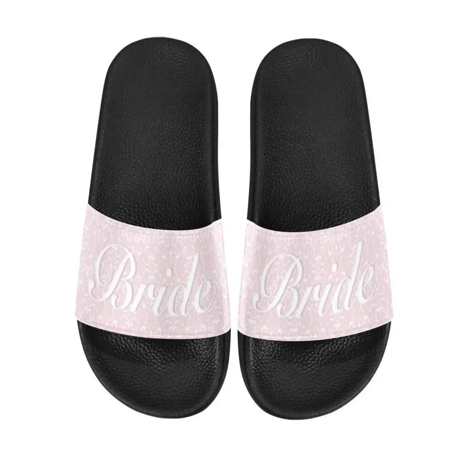 Personalized White Lace Bride Soft Pink Custom Name Slide Sandals