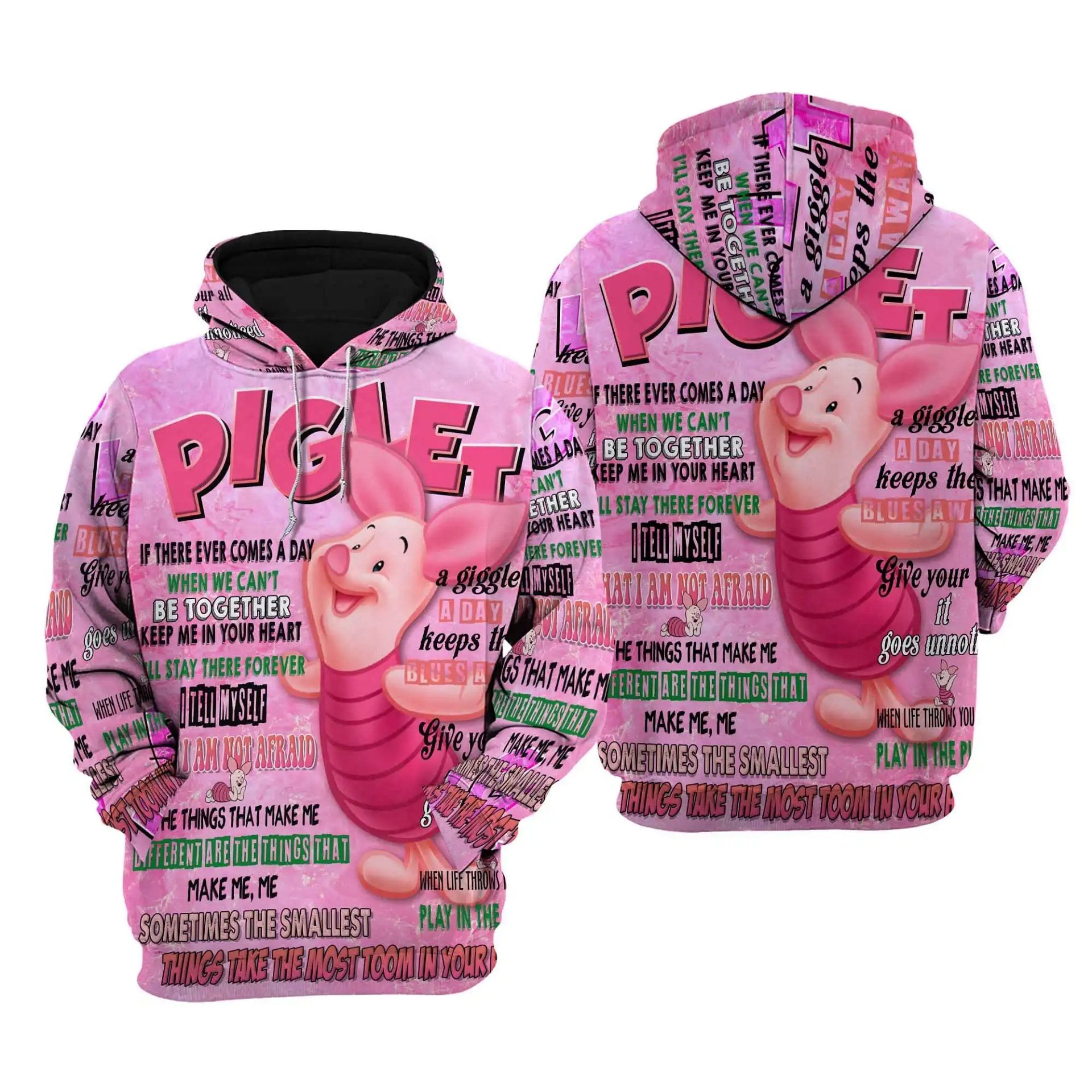Pink Piglet Punk Words Pattern Disney Quotes Cartoon Graphic Outfits Clothing Men Women Kids Toddlers Hoodie 3D