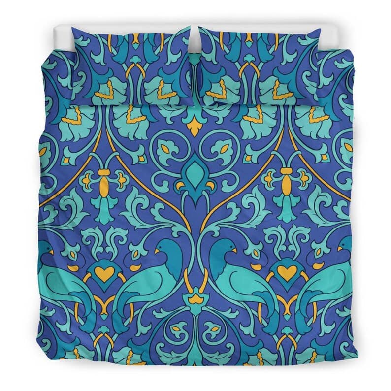 Inktee Store - Pretty Blue Yellow And Turquoise Floral Ornamental Designer Pattern With Birds And Flower For An Amazing Blue Bedroom Decor Quilt Bedding Sets Image