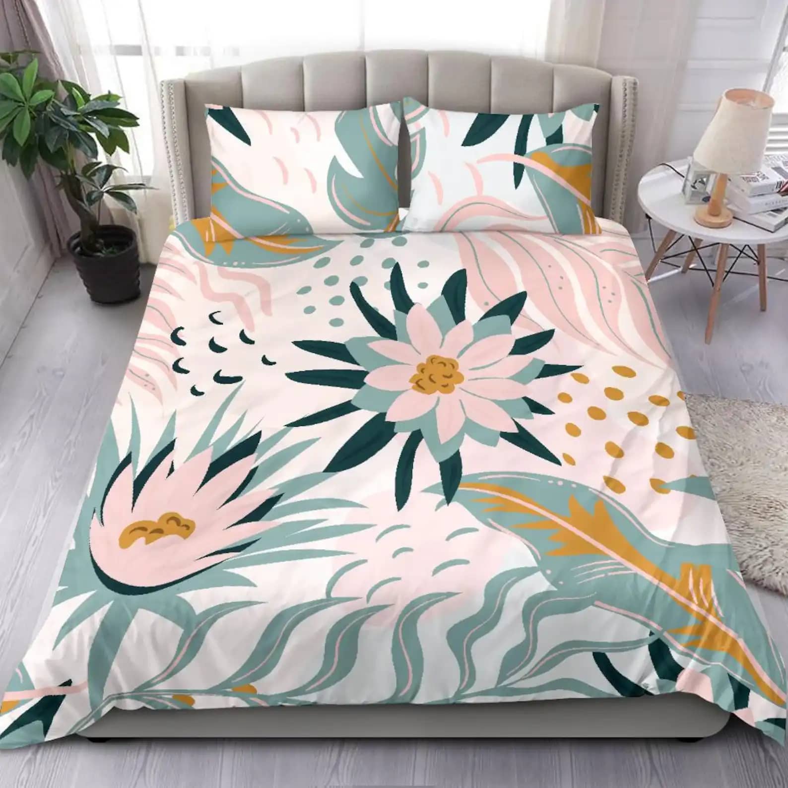 Pretty Exotic Jungle Pattern With Soft Pink Flowers And Blue Green Plants Drawing Quilt Bedding Sets