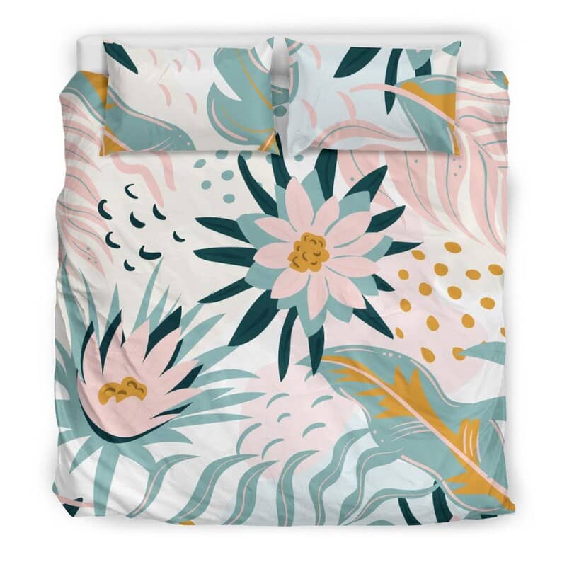 Inktee Store - Pretty Exotic Jungle Pattern With Soft Pink Flowers And Blue Green Plants Drawing Quilt Bedding Sets Image