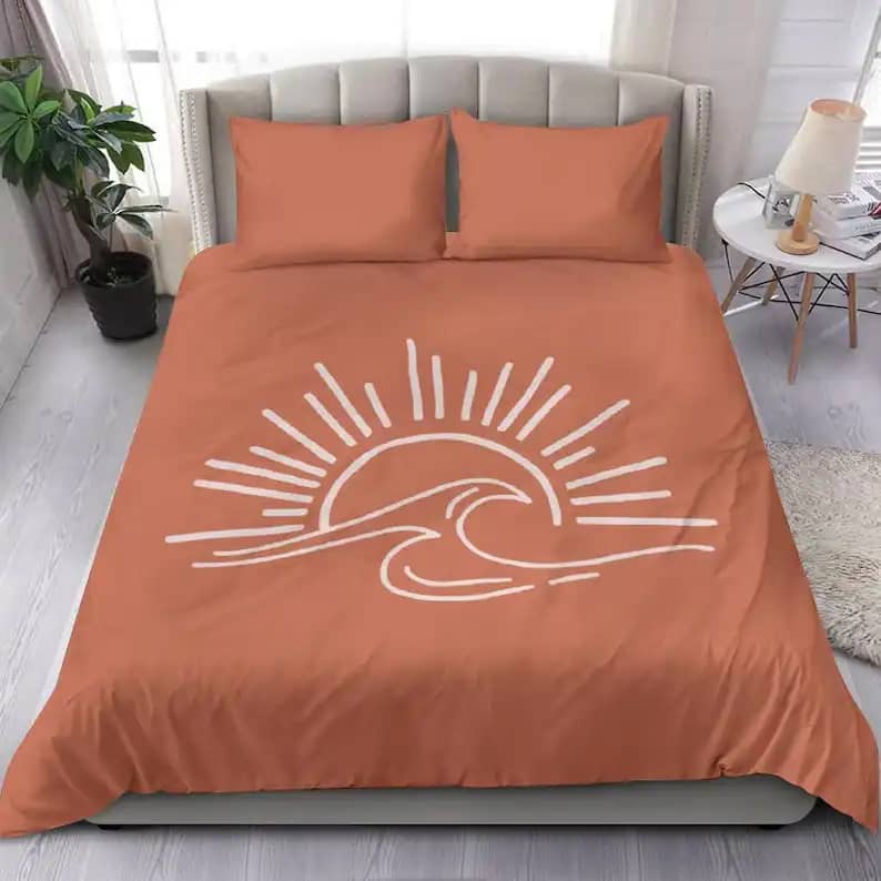 Pretty Orange Duvet Cover With Drawing Of The Wavy Ocean Quilt Bedding Sets