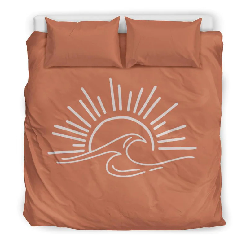 Inktee Store - Pretty Orange Duvet Cover With Drawing Of The Wavy Ocean Quilt Bedding Sets Image